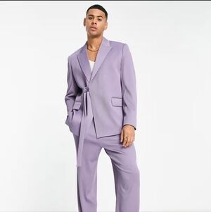 Asos Design Belted Suit Jacket Lavender Plisse Mens Blazer Modern Regular Fit 32